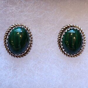 VTG Navajo Cecil Henry Sterling & Malachite Oval Cabochon Earrings, 1/2"Lx3/8"W